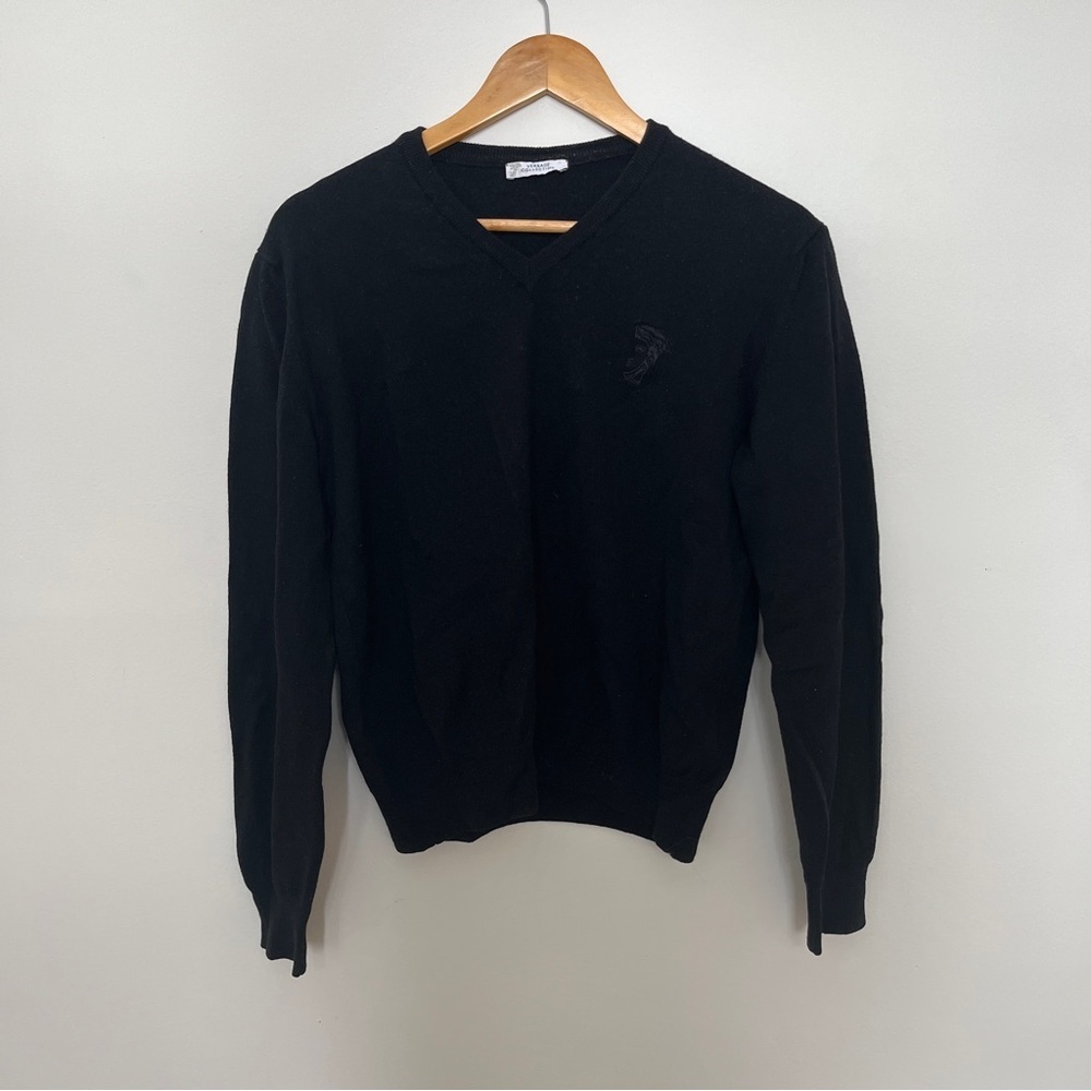 Versace Collection Women’s V-Neck Wool Pullover Sweater in Black Size Large